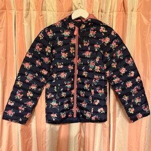 Joules Navy and Coral Outdoor Floral Puffer Jacket. Girls size 11-12.